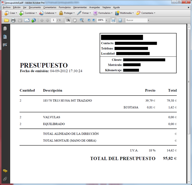 Formulario para la creación de un presupuesto